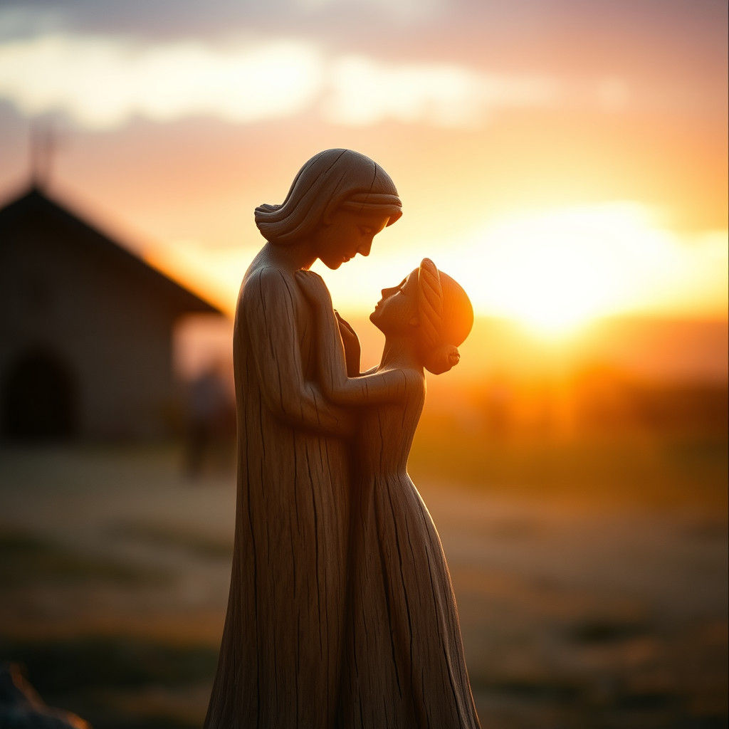 Embracing Couple: Wooden Statue in Golden Light