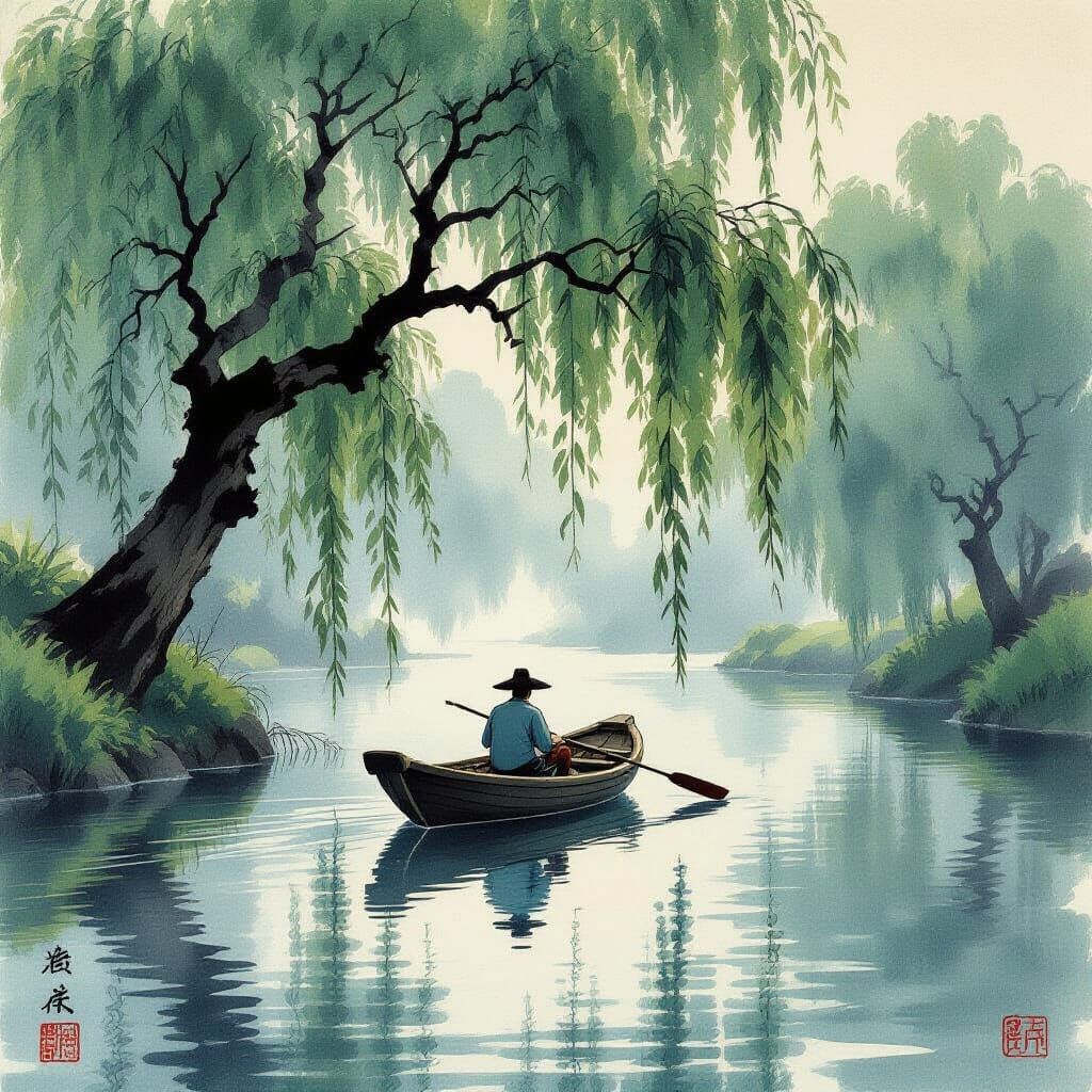 Fisherman in Mist: Japanese Woodblock Print Style