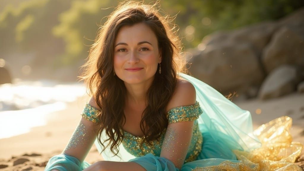 Golden Goddess on Tropical Beach in 3D