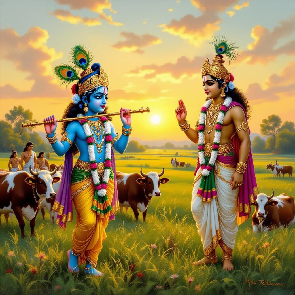 Krishna as Cowherd and Warrior in Oil Painting
