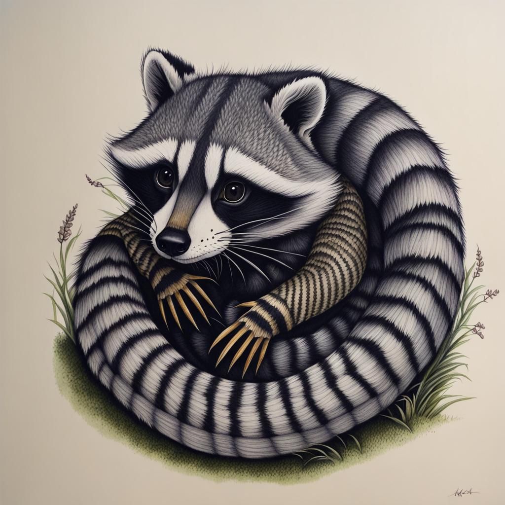 Raccoon-Snake Hybrid Creature in Pen and Ink