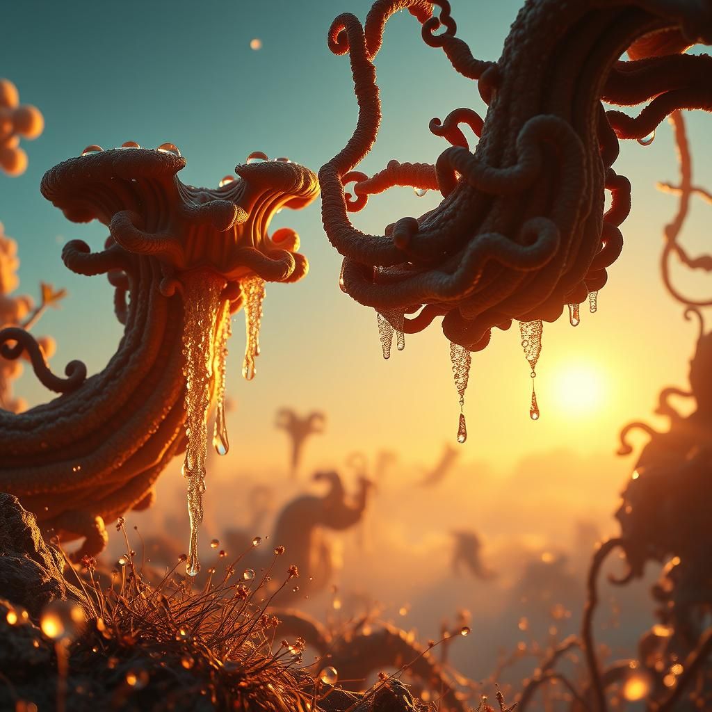 Dew Drops in Golden Light: A Surreal Biomorphic Dream