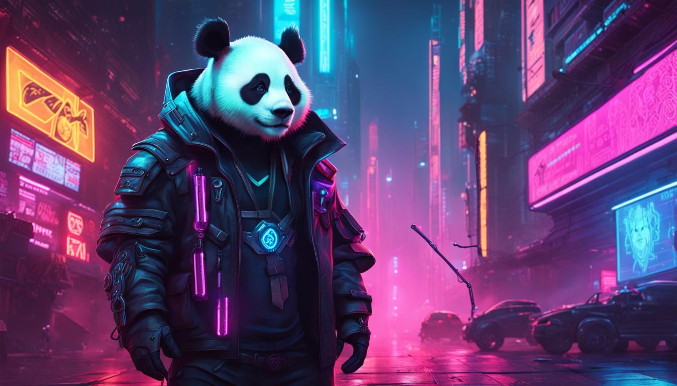 Cyberpunk Panda Roaming a Neon City