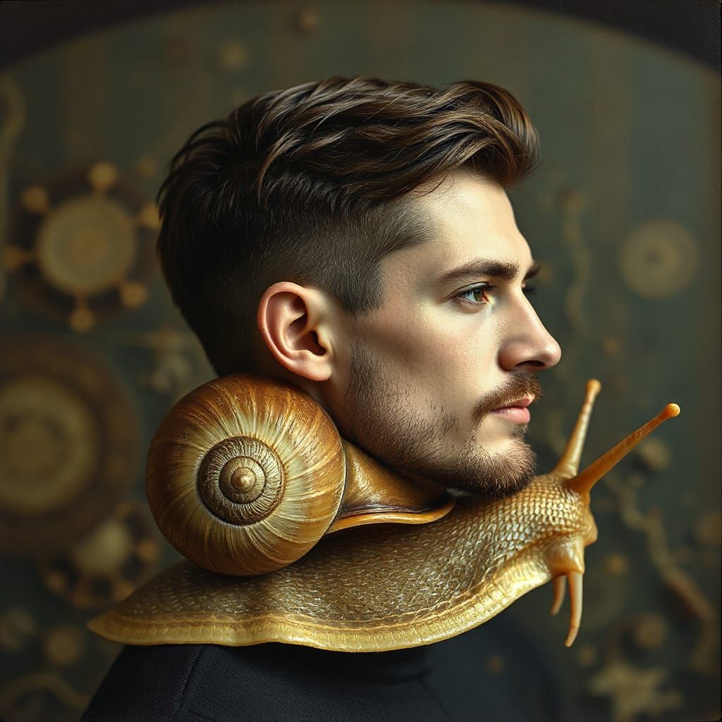 Half-Man Half-Snail Portrait in Pre-Raphaelite Style