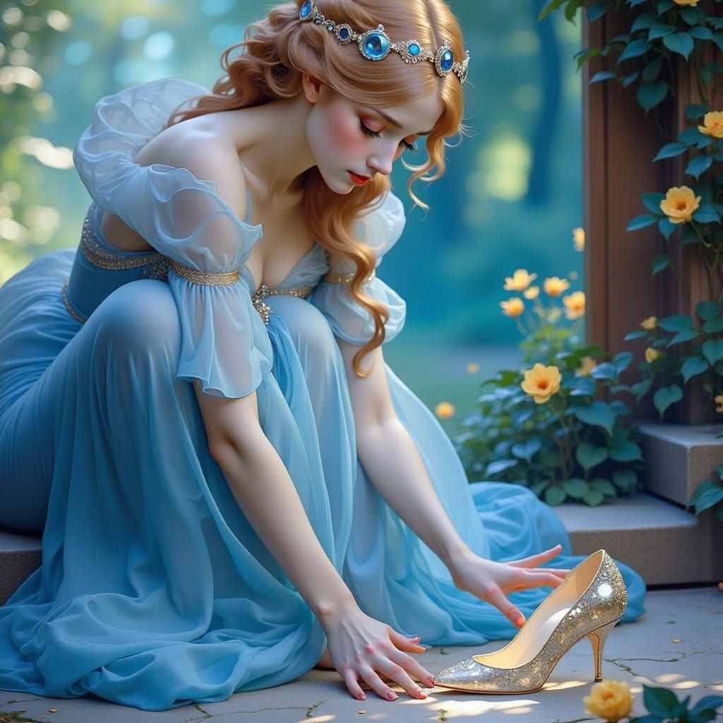Surreal Art Nouveau Cinderella in Elegant Glass Slipper
