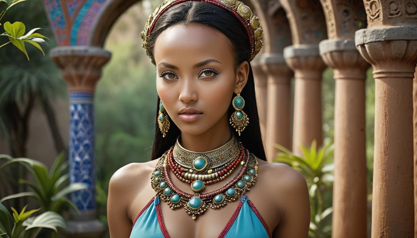 Ethiopian-Mongolian Woman in Ornate Temple Garden