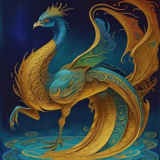 Dragon-Peacock on Lavish Platform as Oil Painting