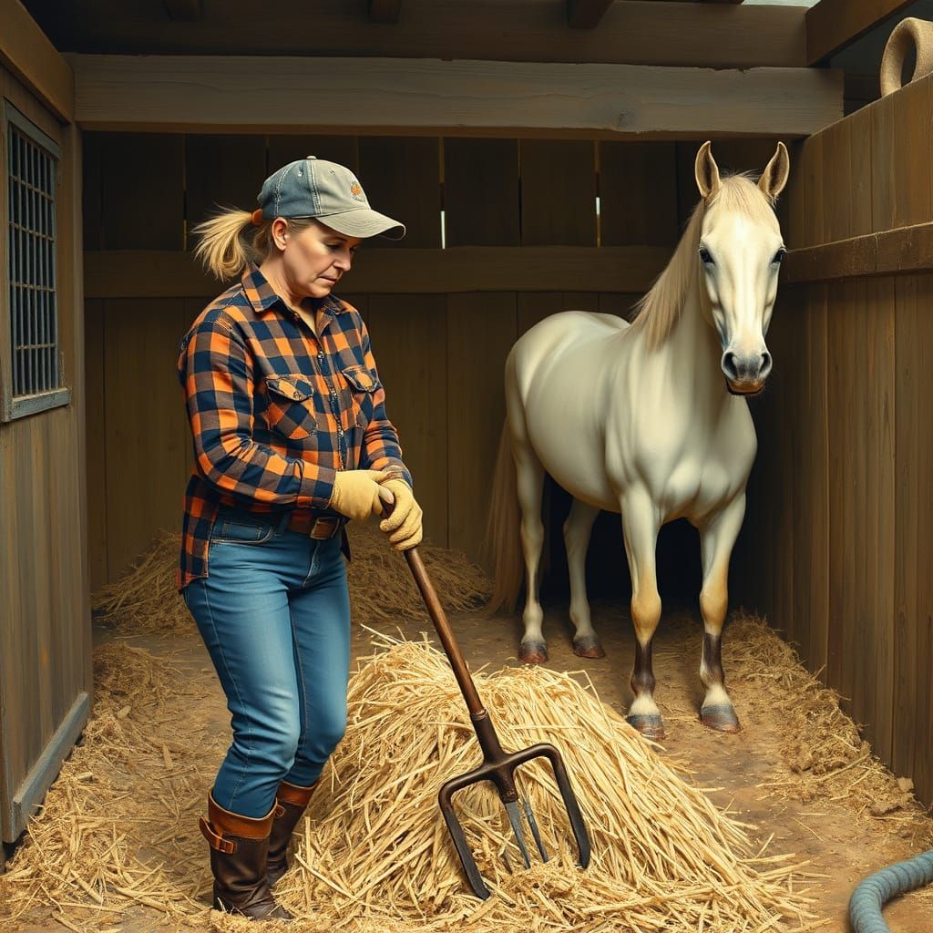 Rustic Rural Woman Tending to Her Horse