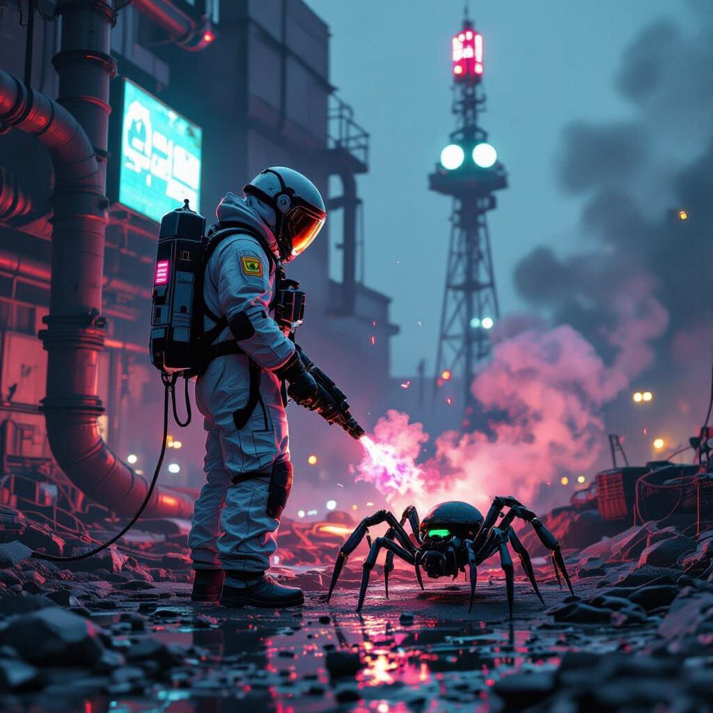 Cyberpunk Nuclear Site Secured by Hazmat Worker