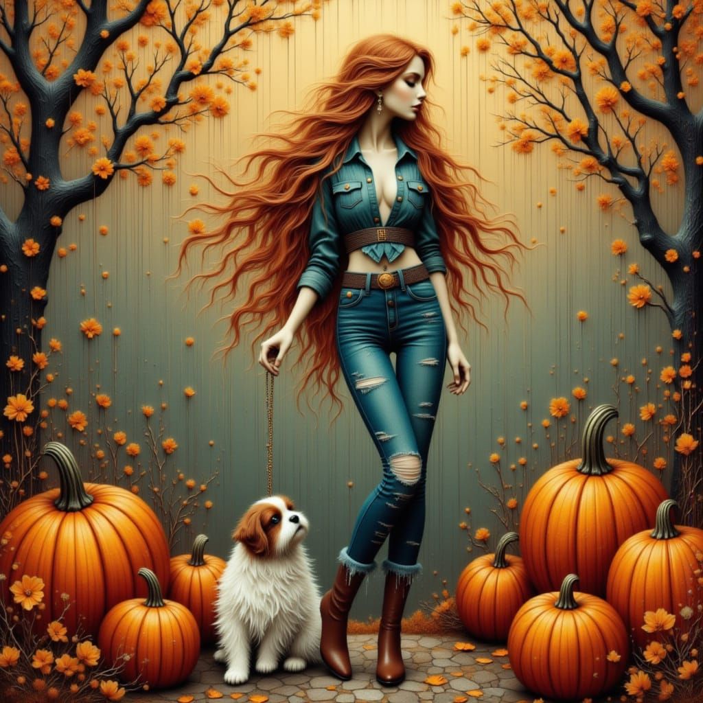 Woman Searches Outdoor Market for Pumpkin with Shih Tzu