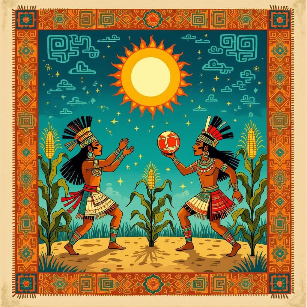 Mayan Codex Illustration: Hunahpu and Xbalanque