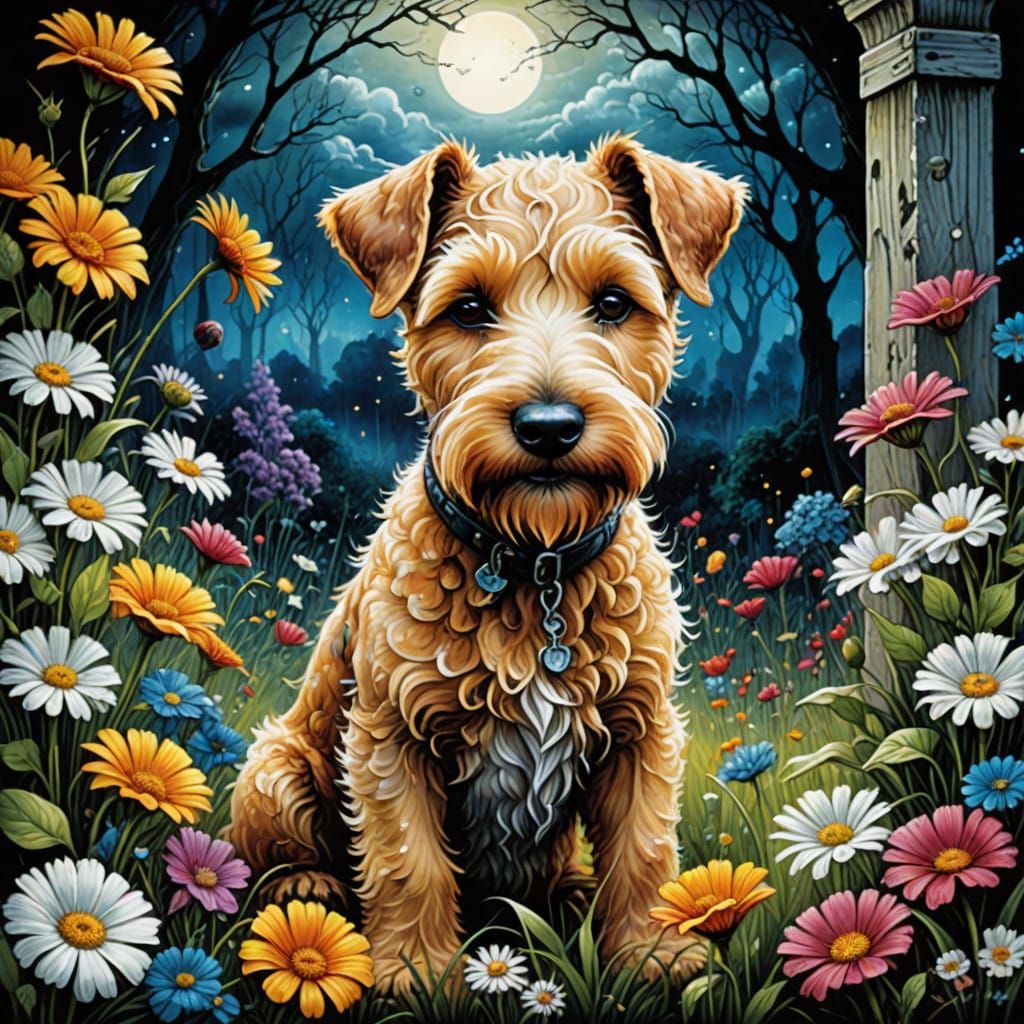 slightly textured soft brush strokes. hyper realistic watercolor. The image is of a Lakeland Terrier Dog, ga...