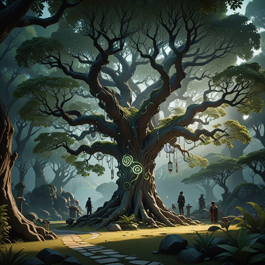 Hyper-Realistic Mystic Tree in Moonlit Forest