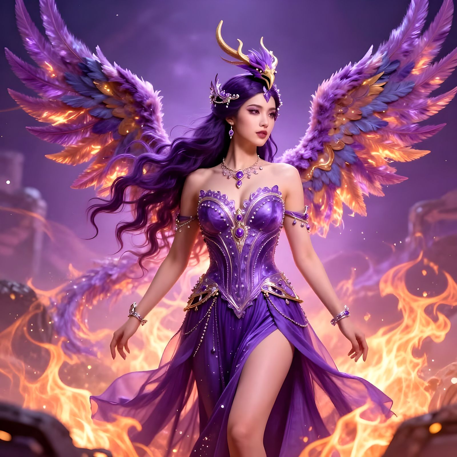 Purple Phoenix Woman with Fiery Phoenix