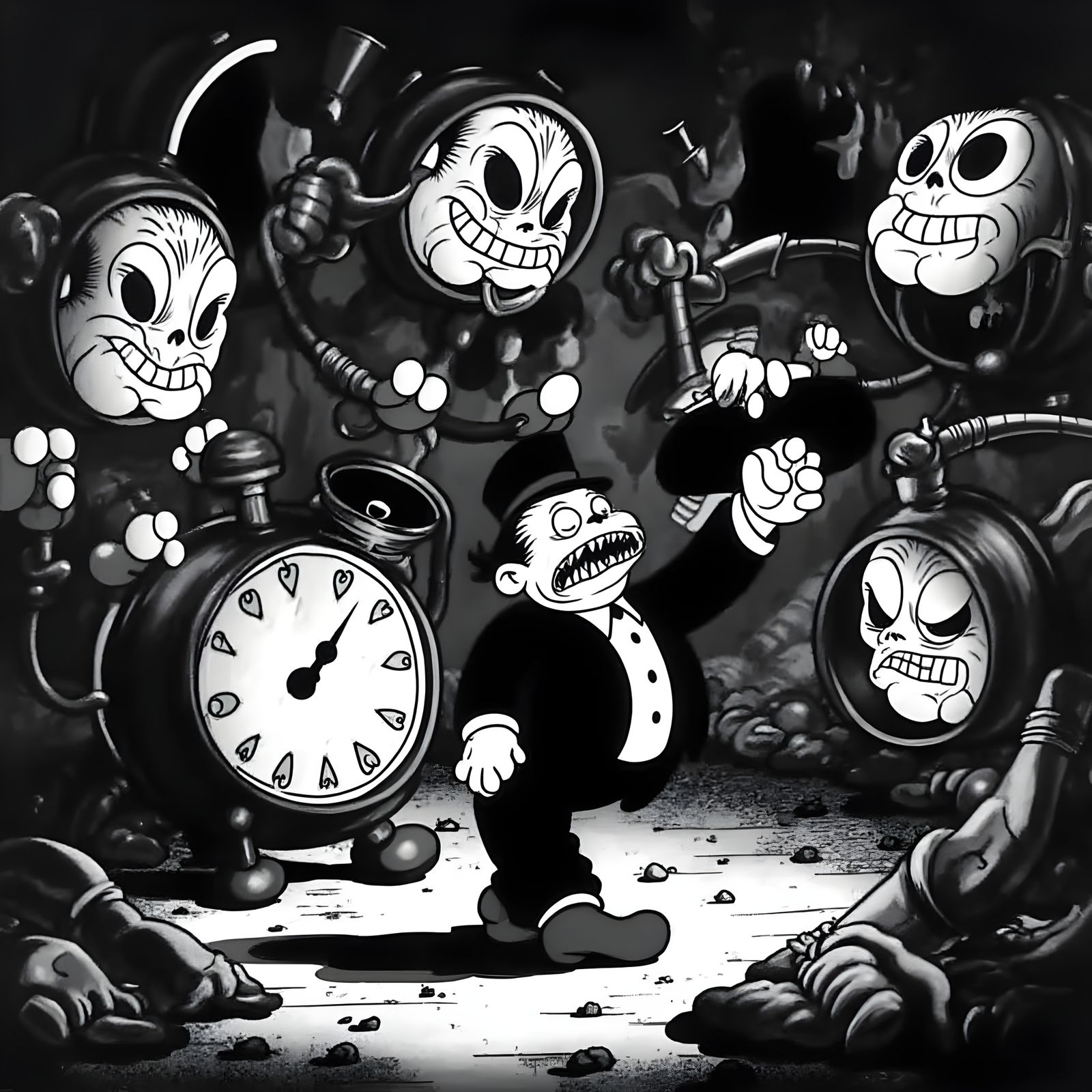 Man Trapped by Time in a Dark Surreal Cartoon Nightmare