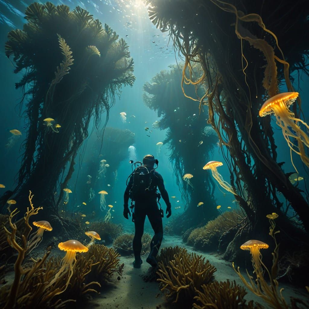 Diver Explores Bioluminescent Kelp Forest in Film Still