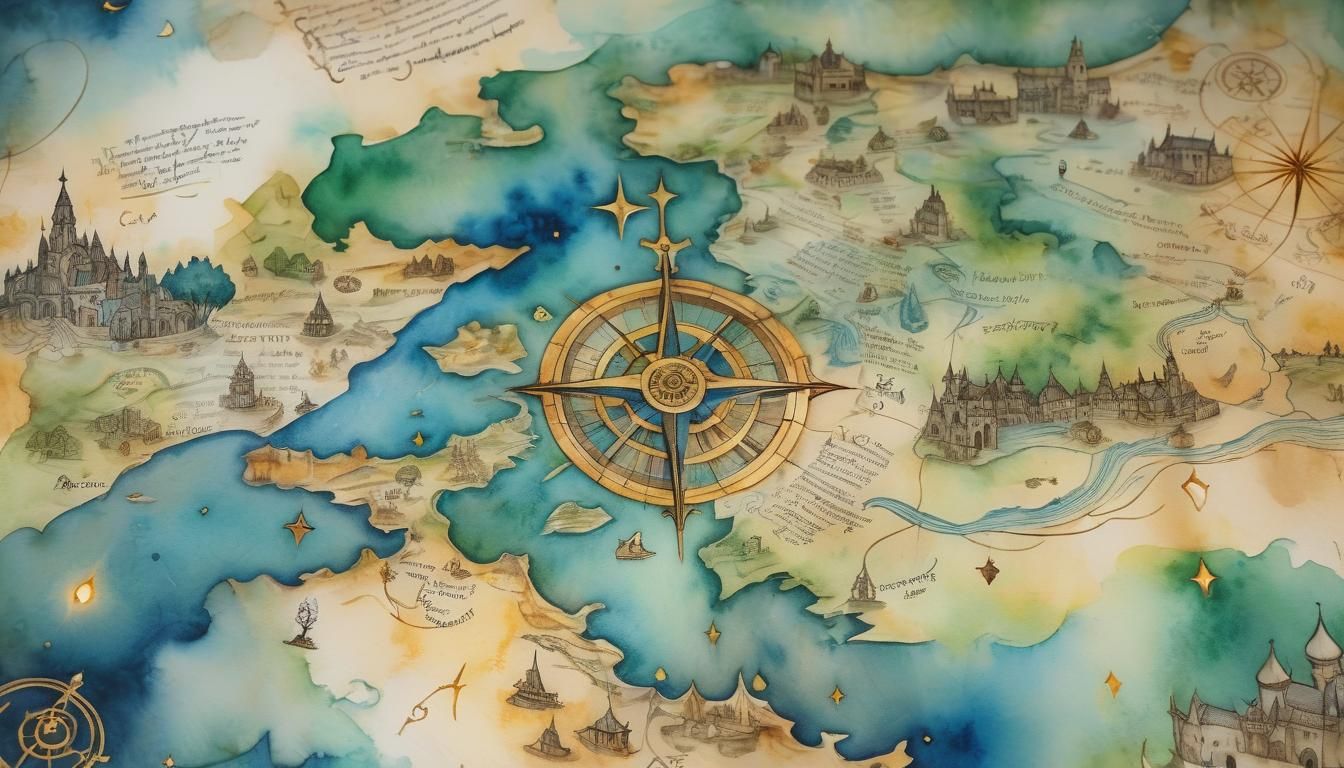 Enchanting Parchment Map with Mystical Symbol in Watercolour
