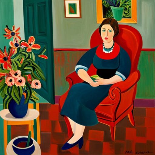 Expressionistic Portrait of Woman in Vibrant Interior