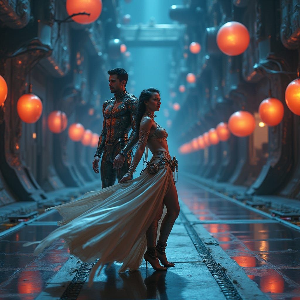 Dystopian Futurism: Weightless Couple in Neon-Lit Chaos