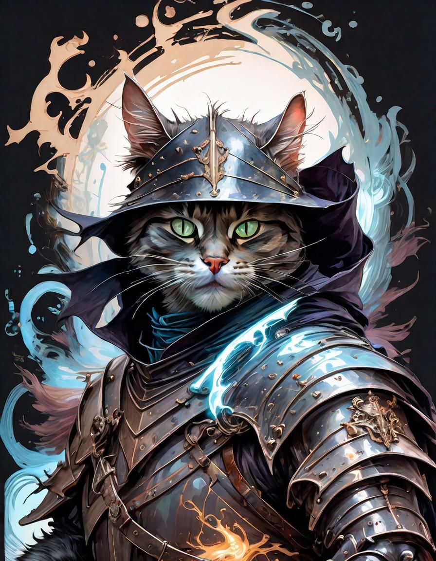Anthropomorphic Knight Cat in Dungeon, Digital Art