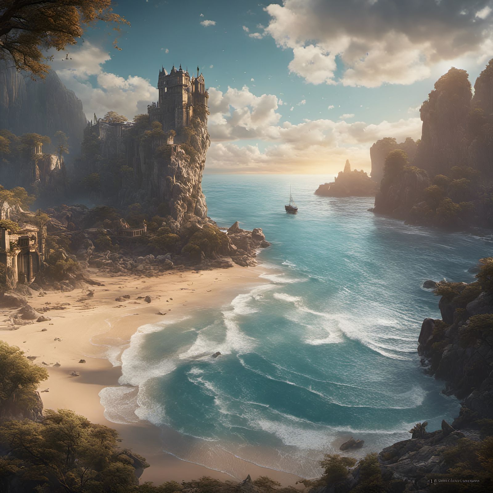 Ocean Beach Landscape with Lovers: Fantasy Concept Art