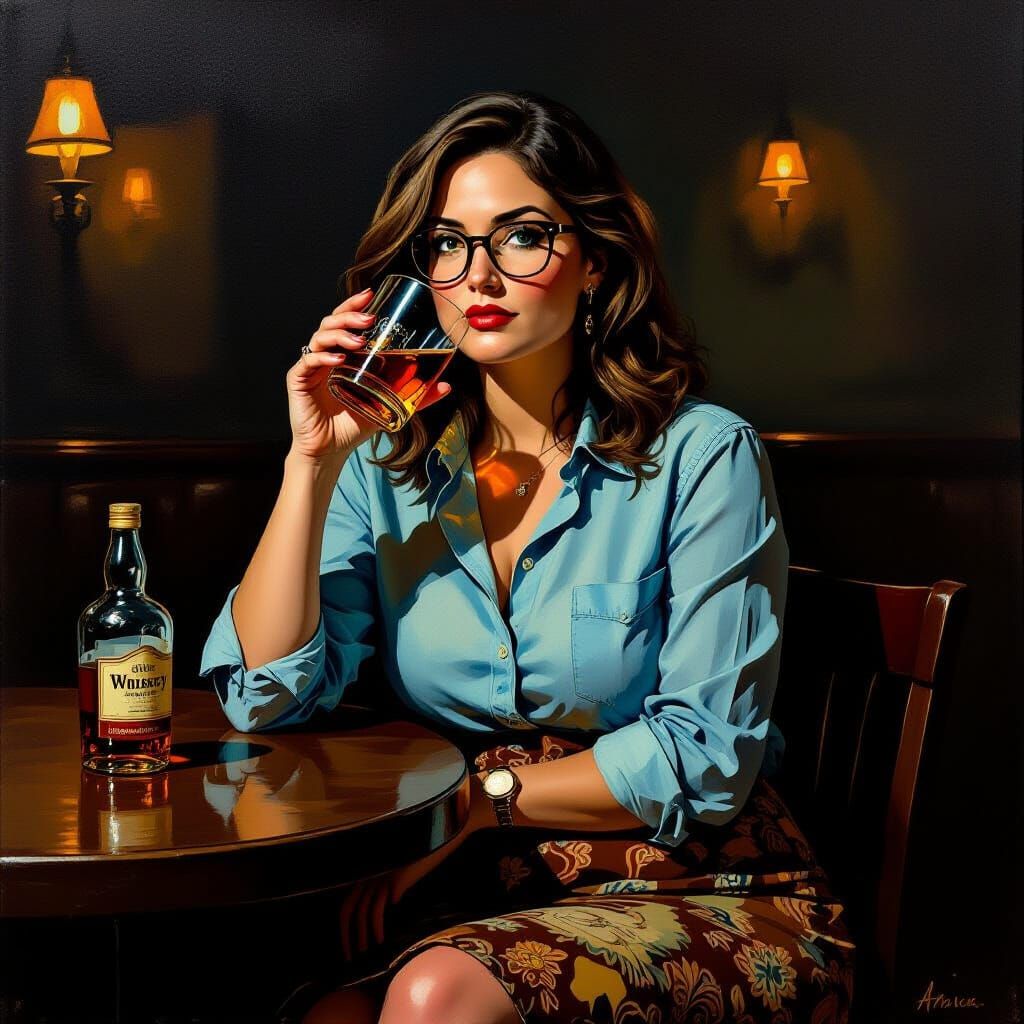 Woman Drinking Whiskey in Dimly Lit Bar