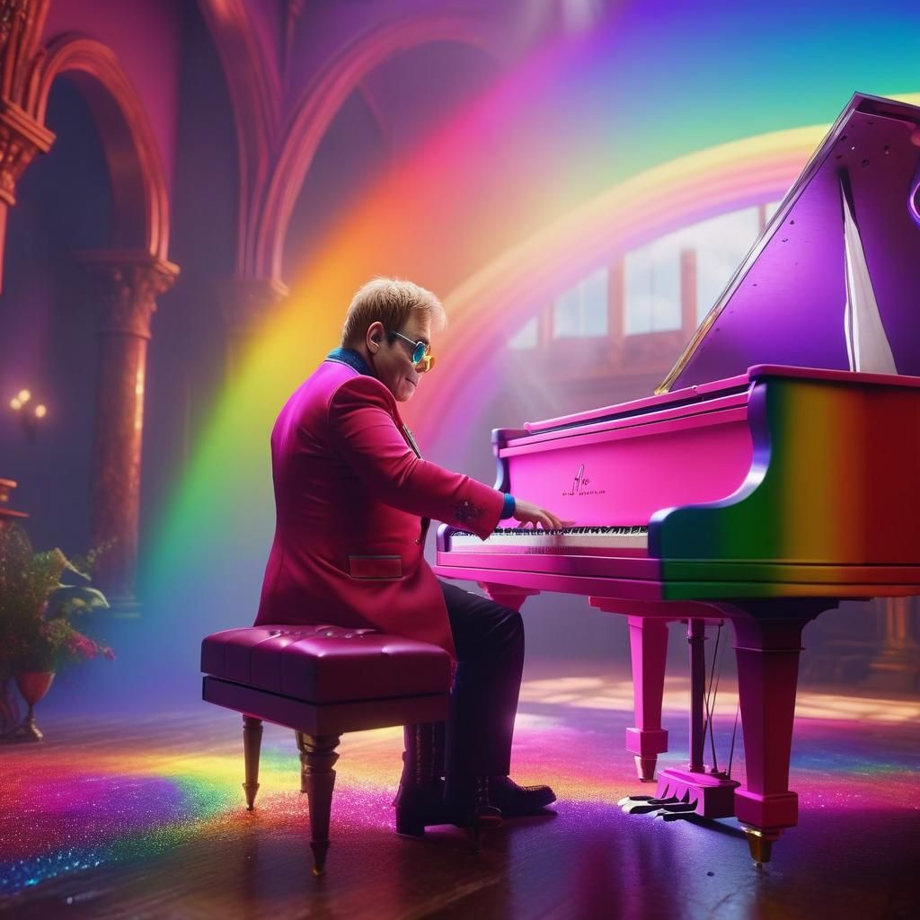 Elton John Plays Piano in Rainbow: Detailed Art