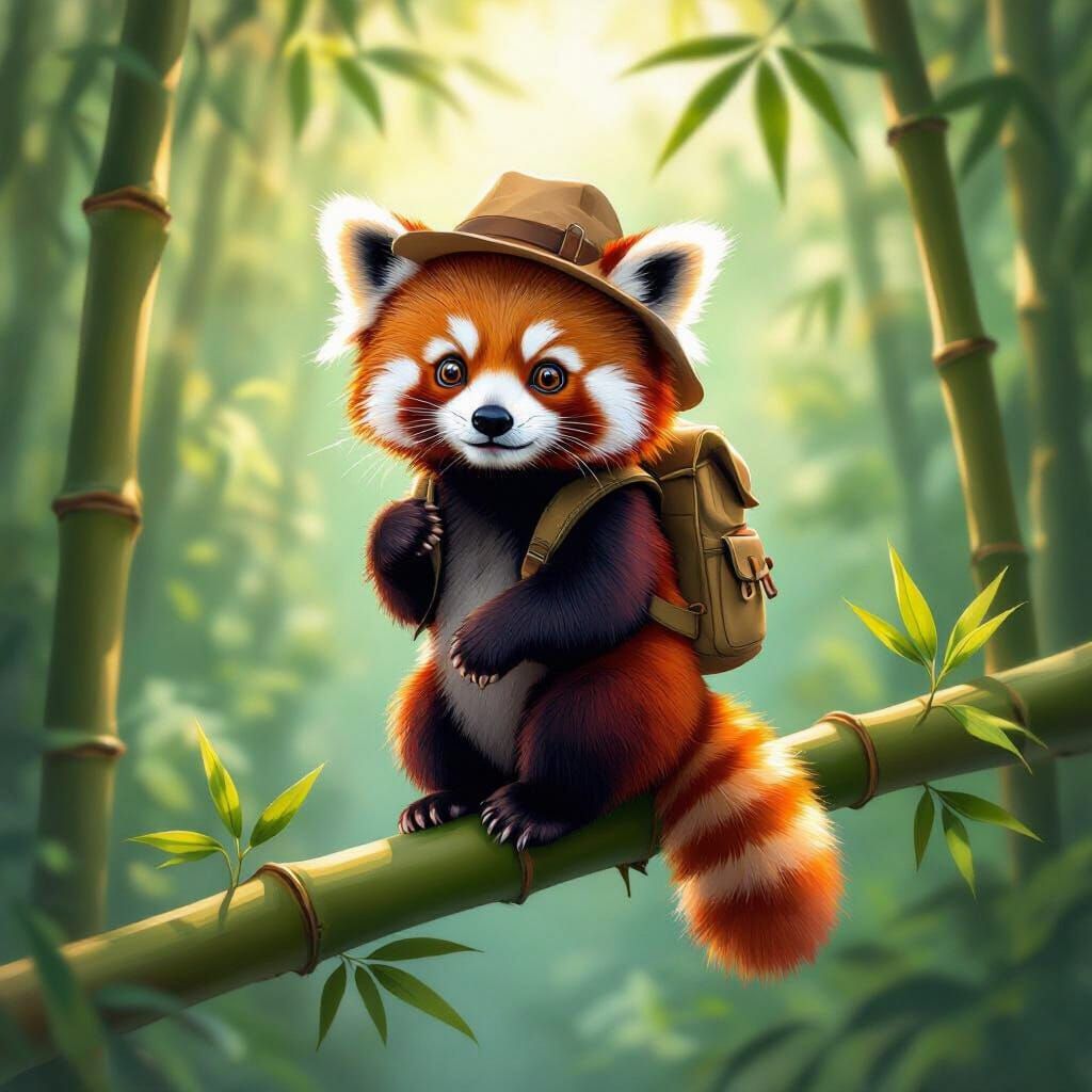 Red Panda Explorer on Bamboo in Vibrant Jungle