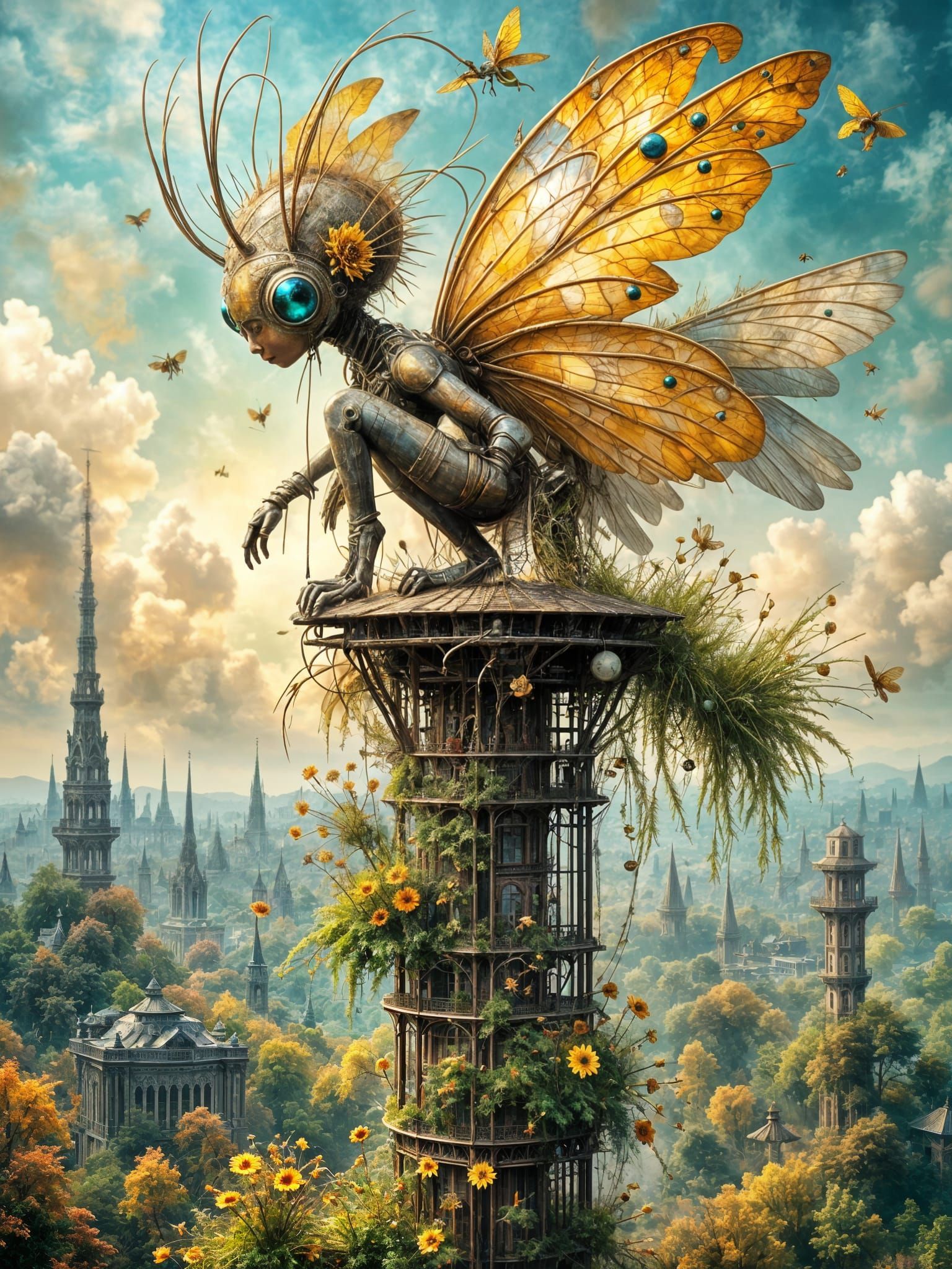 Biomechanical Fairy Perched Atop Overgrown City