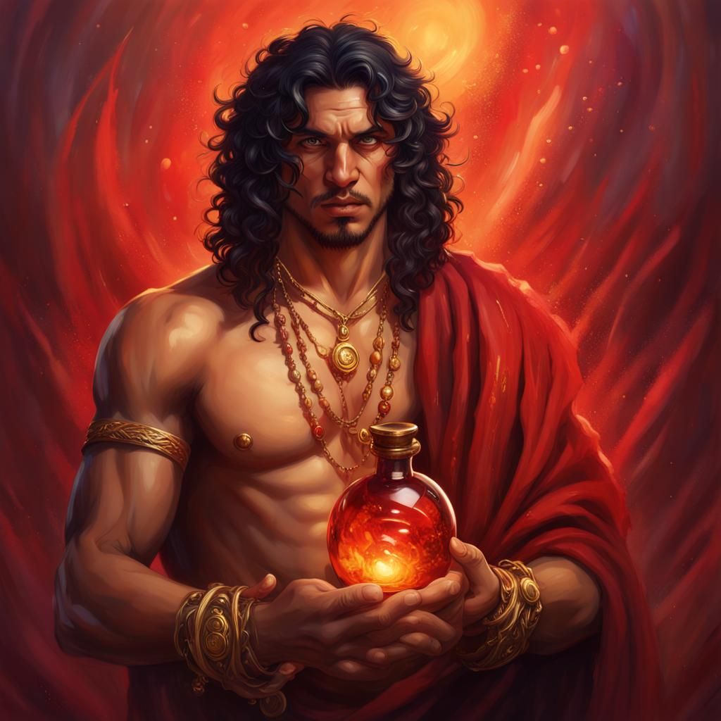 Romani Druid with Potion: Hyperrealistic Splash Art