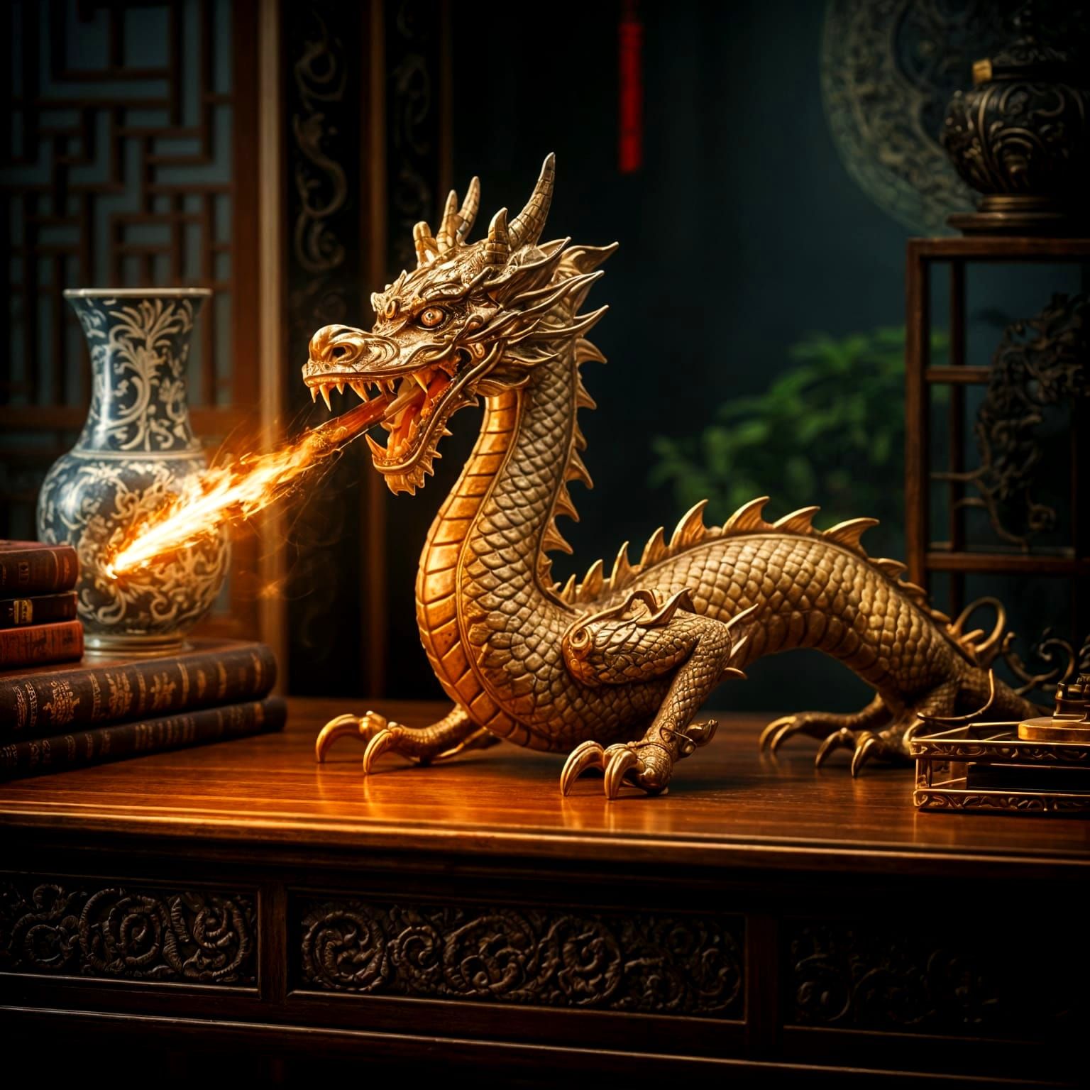 Intricate Dragon Lamp Breathing Fire on Asian Study
