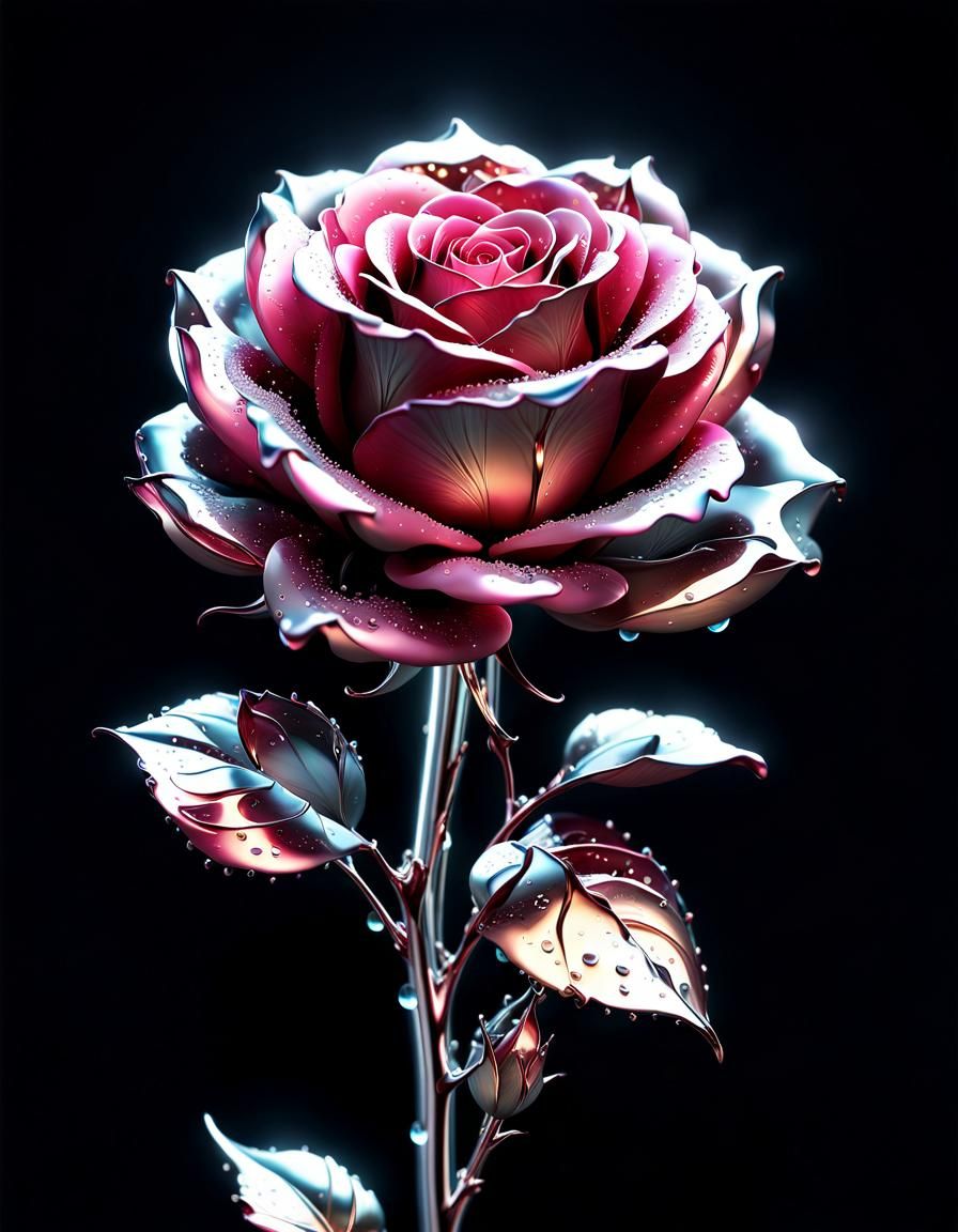 Liquid Chrome Rose Sculpture with Light Particles