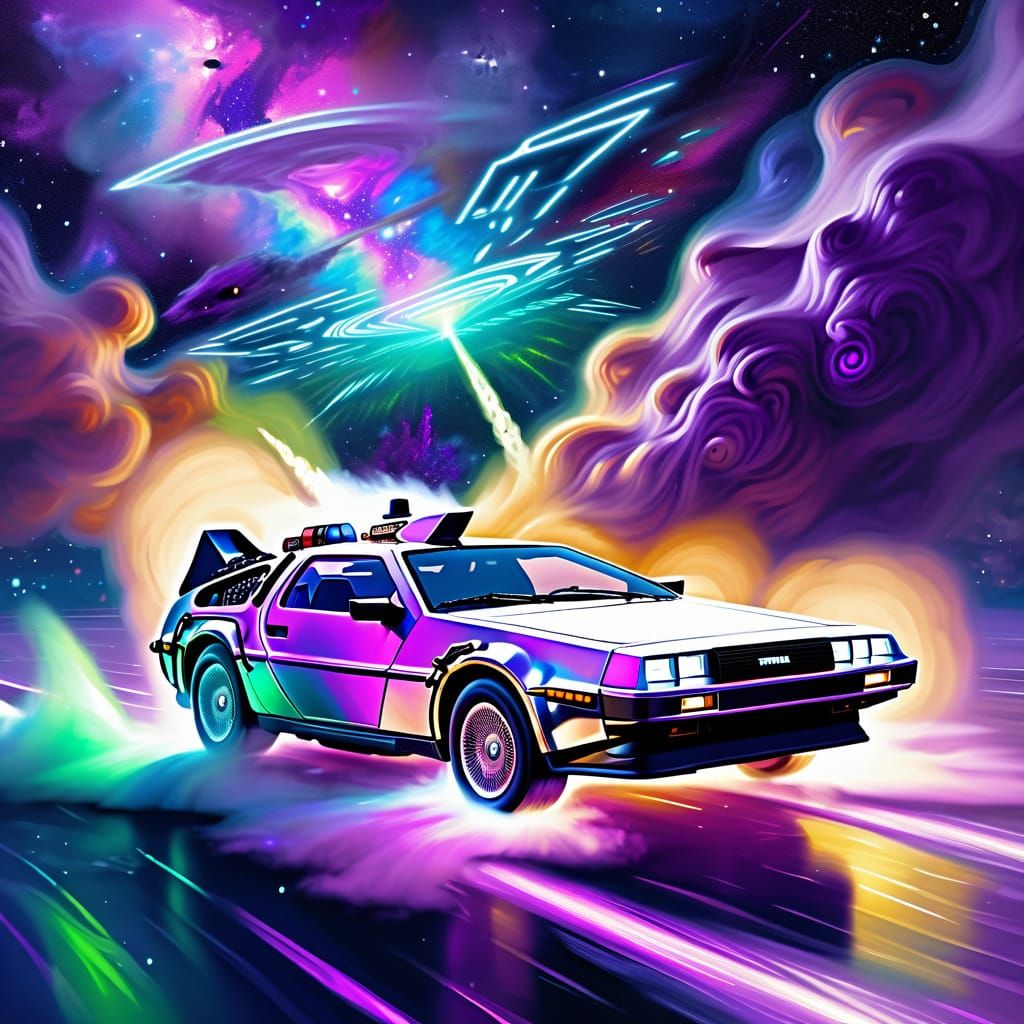 Futuristic DeLorean Drifting Through a Nebula