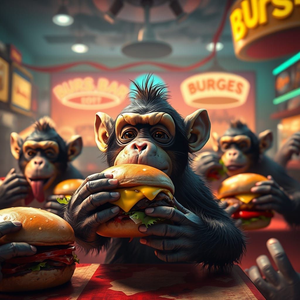 Mischievous Monkey Savoring Burgers in Whimsical Burger Shop...