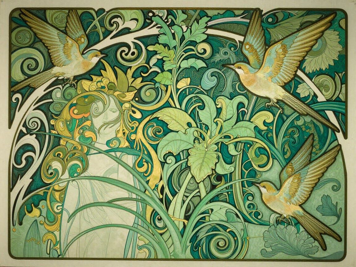 Green, art Nouveau, birds
