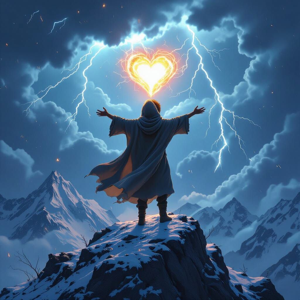 Boy with Glowing Heart on Mountain Peak