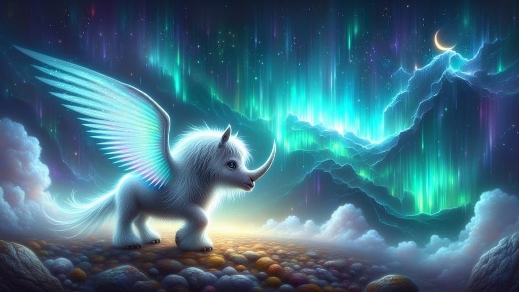 Luminous Rhino Soaring Through Nebula with Wings