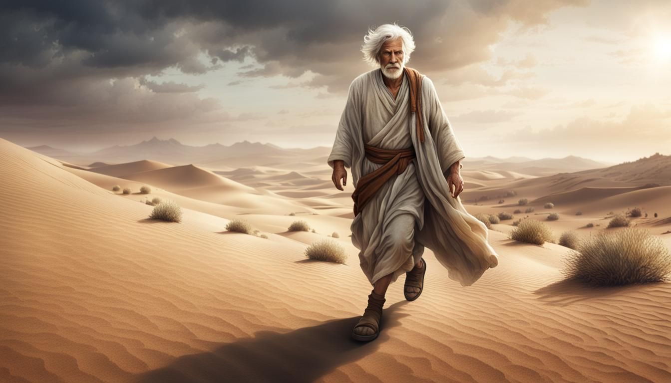 Biblical Elder's Desert Journey: Cinematic Illustration