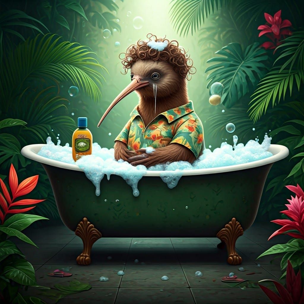 Kiwi in Vintage Bathtub with Lush Greenery and Bubbles