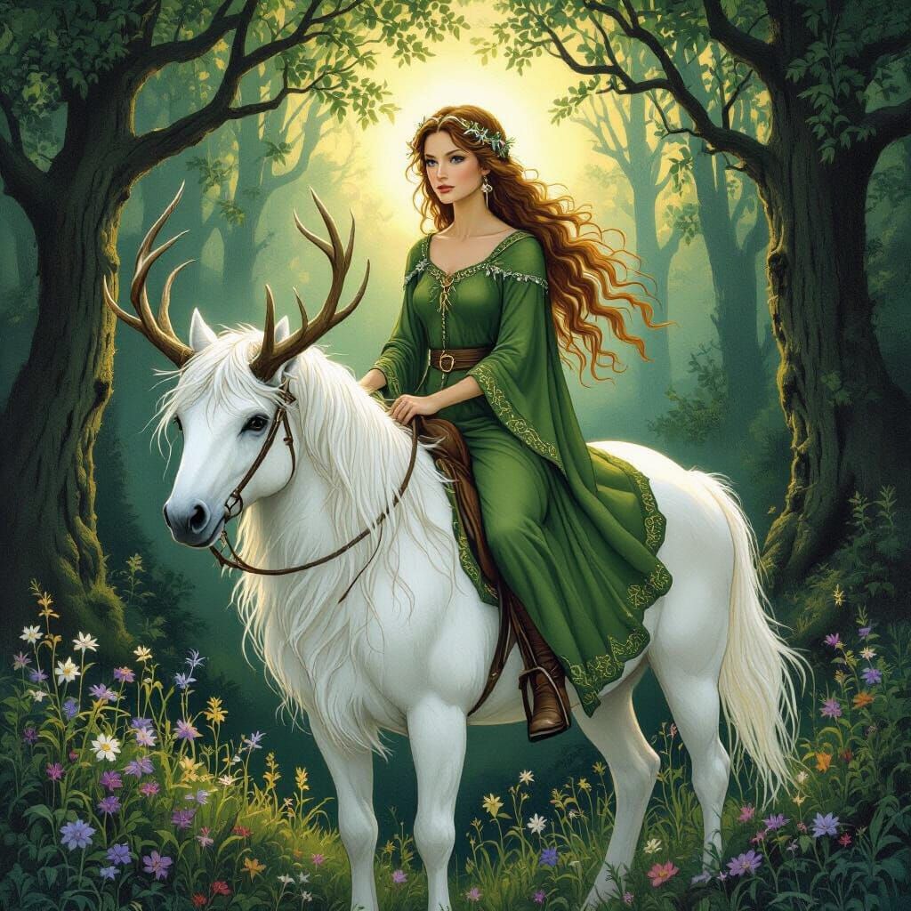 Enchanting Nature Goddess Riding Reindeer in Forest