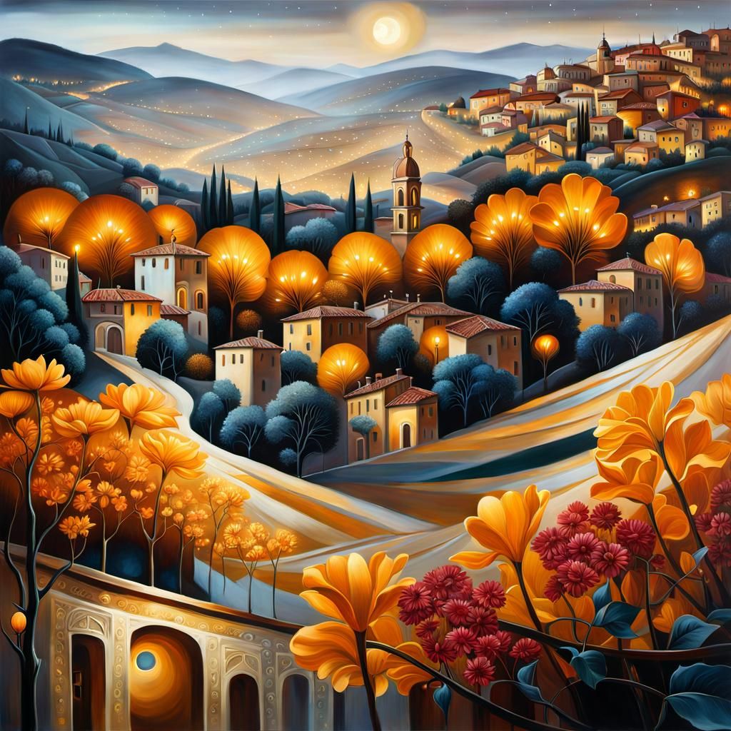 Italian Town Landscape at Night in Splash Art