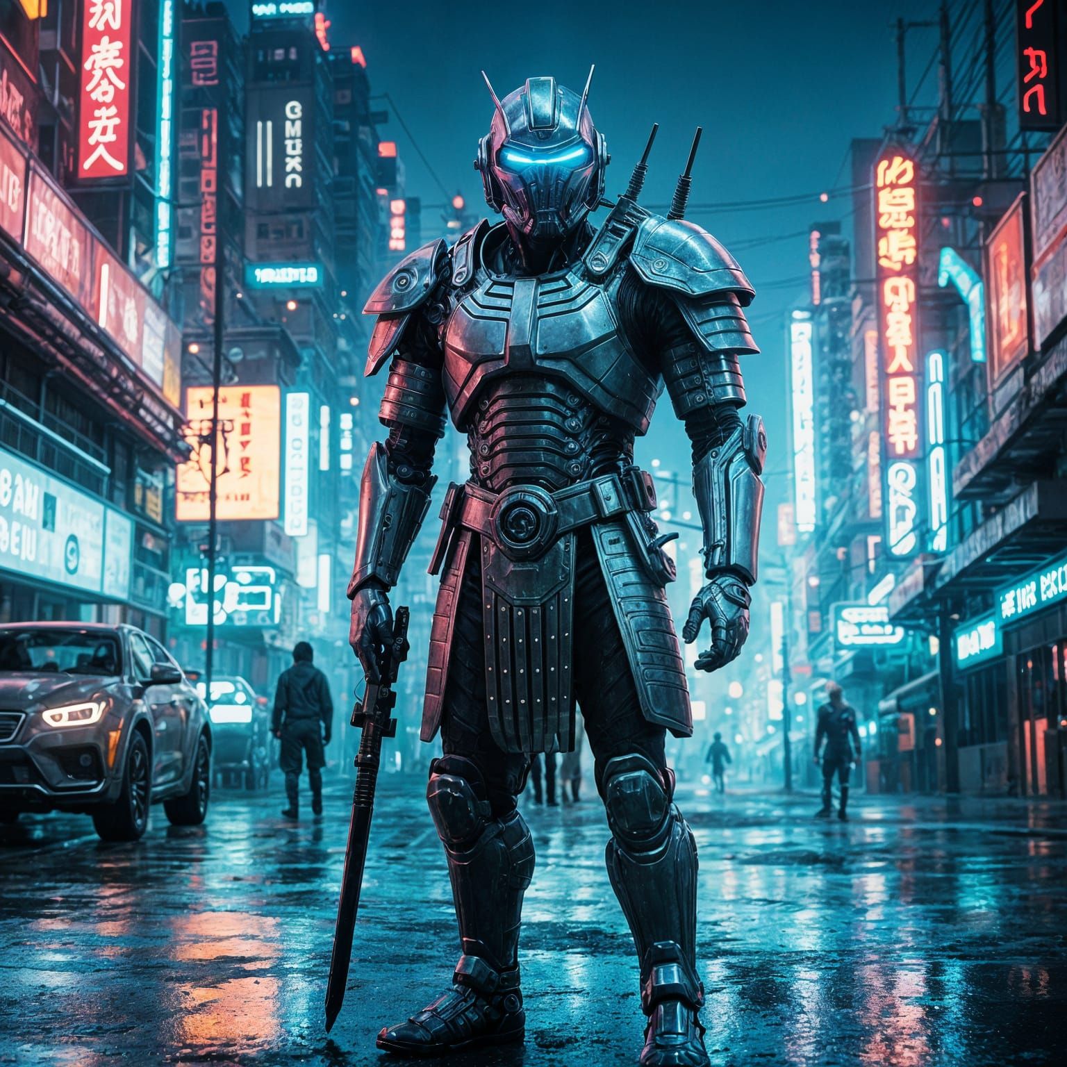 Cyborg Samurai in Neon-Lit Cityscape