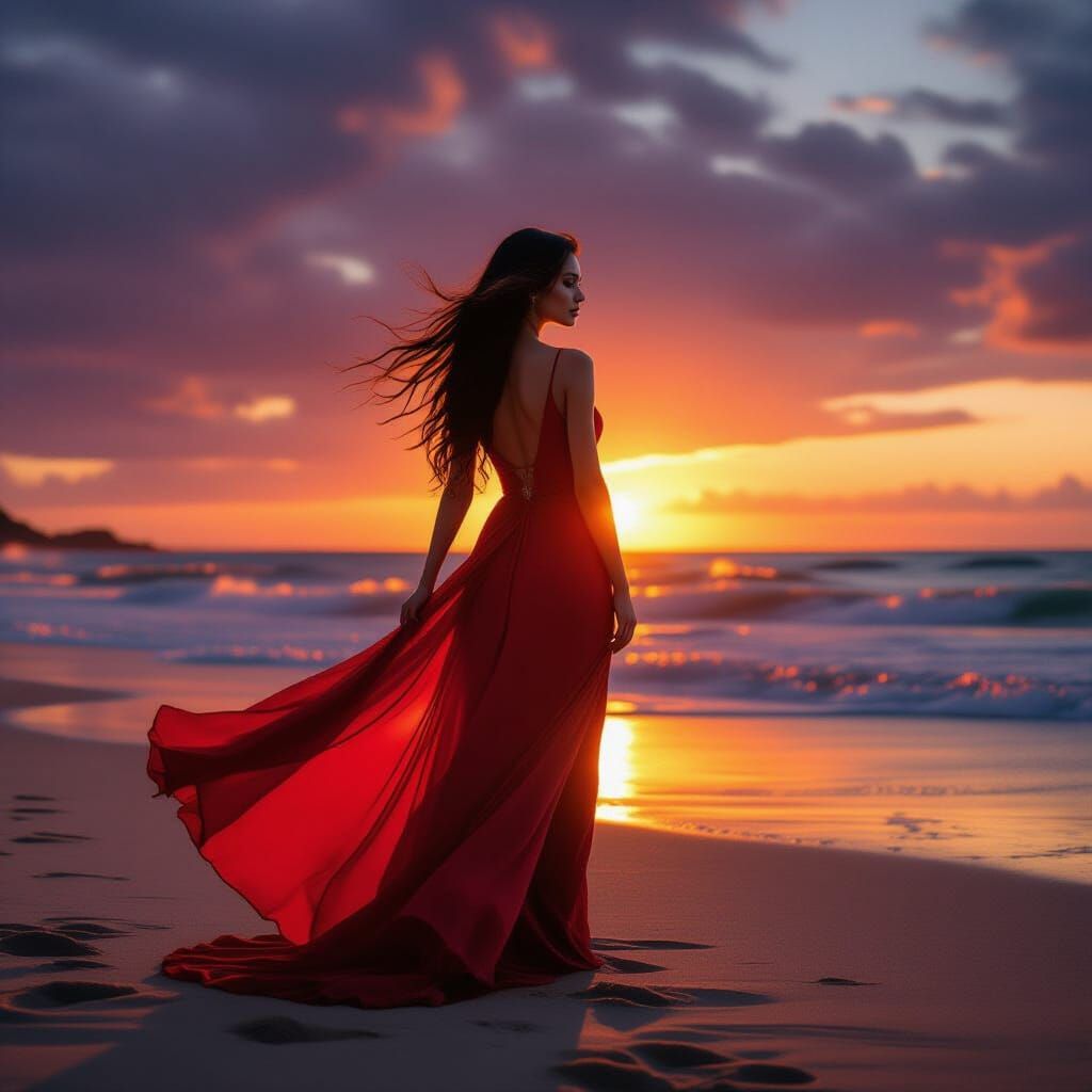 Woman in Red Dress on Windswept Beach at Sunset