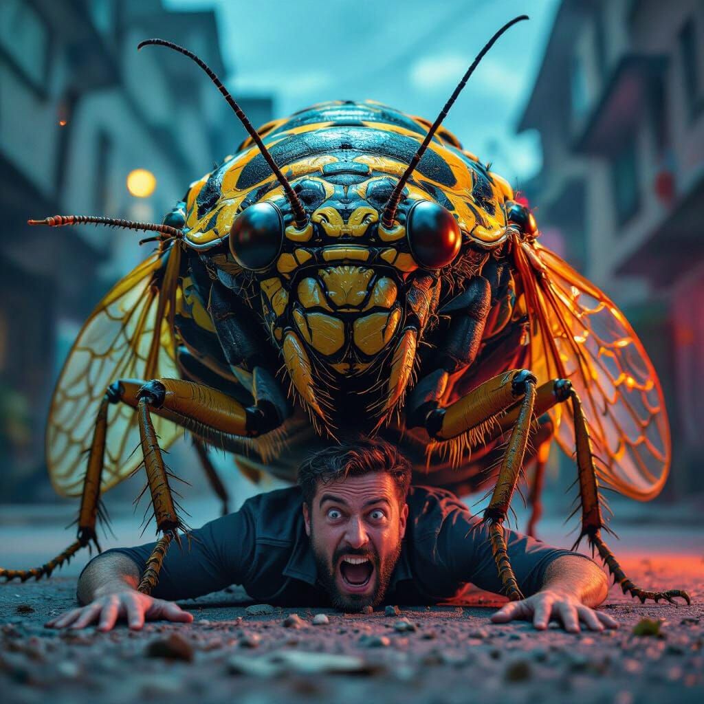 Giant Cicada Looms Over Terrified Man in Vivid Macro Photo