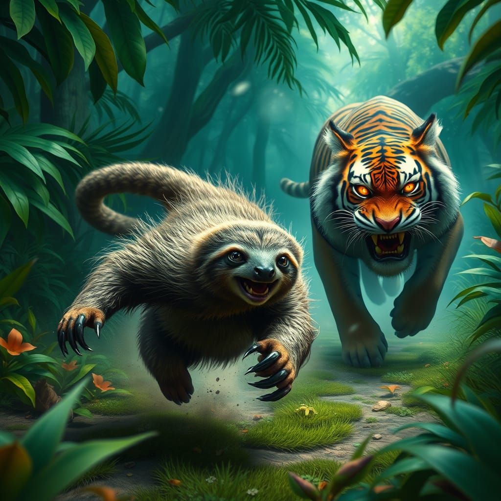 Sloth Fleeing Tiger in Vibrant Jungle Landscape