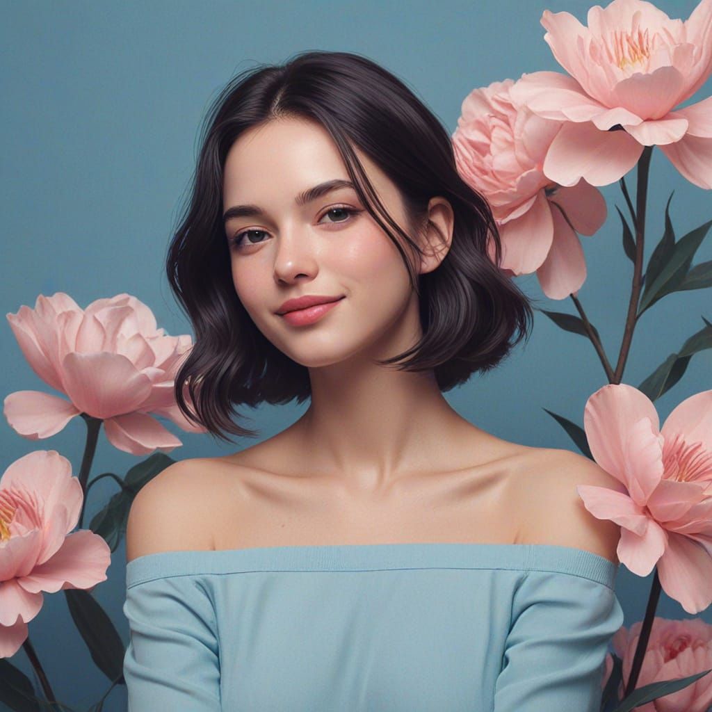 Art Deco Woman With Flowers in Pastel Hues