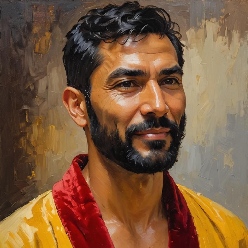 Smiling Man in Velvet Robe: An Impasto Oil Portrait