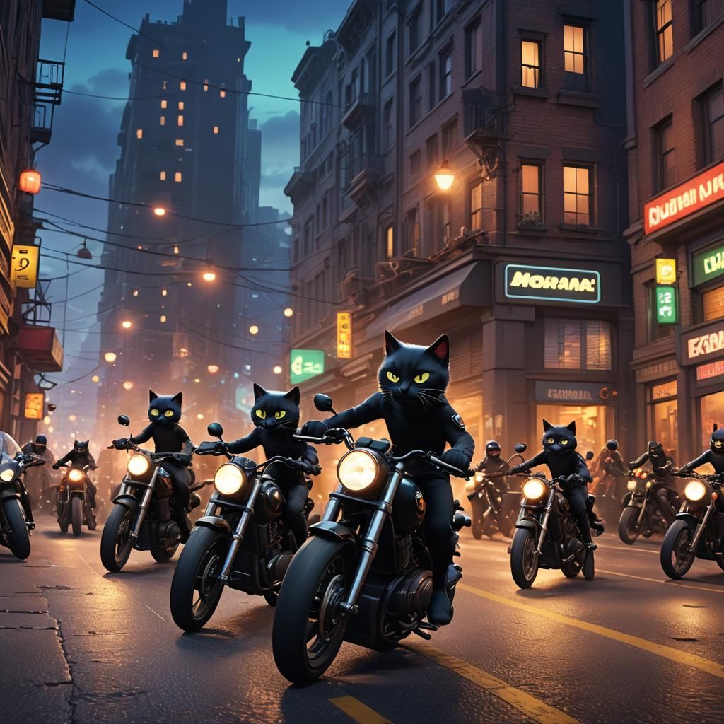Black Cats Motorcycle Race: Pixar-Style 3D Digital Art