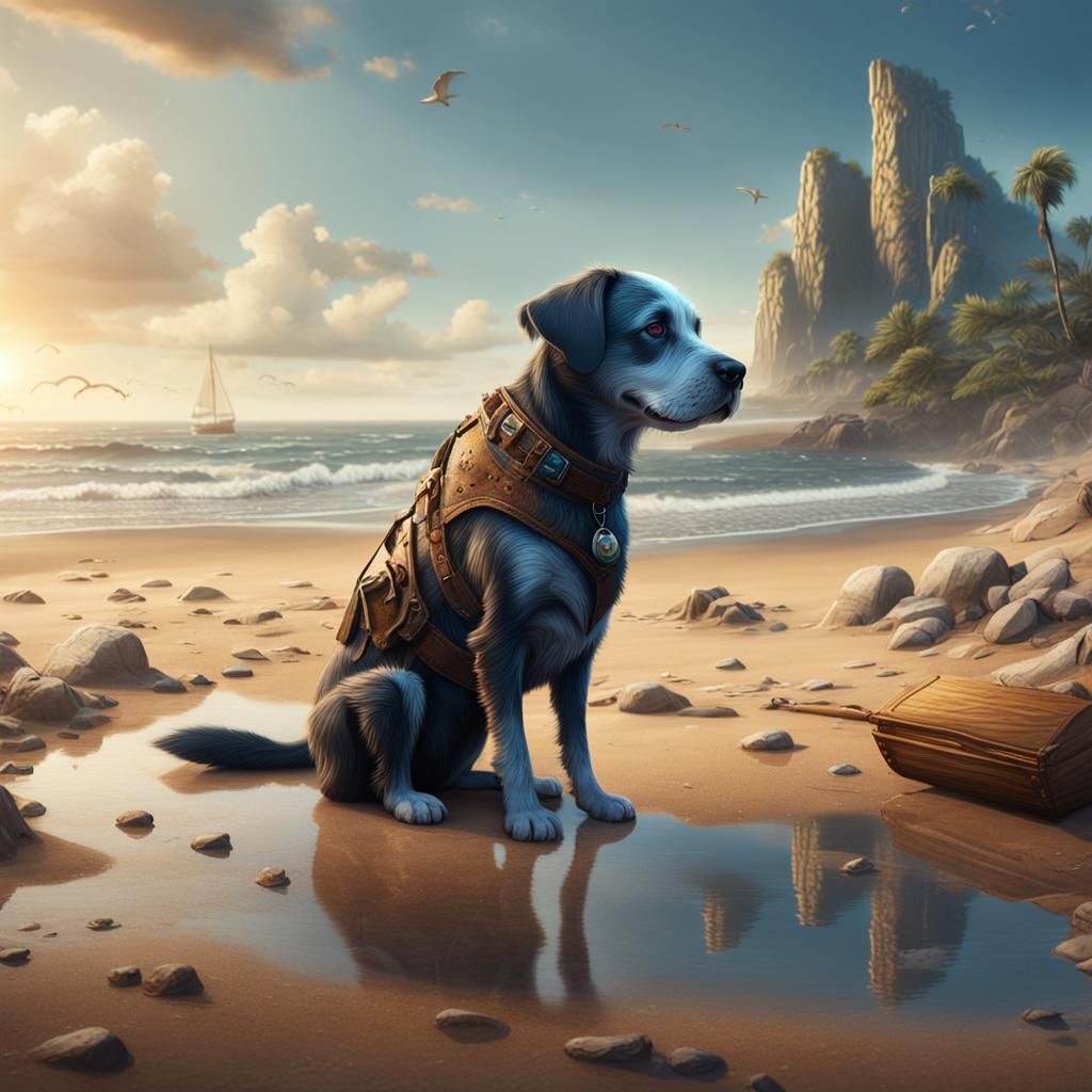 Sad Dog Lost on Beach in Detailed Matte Painting
