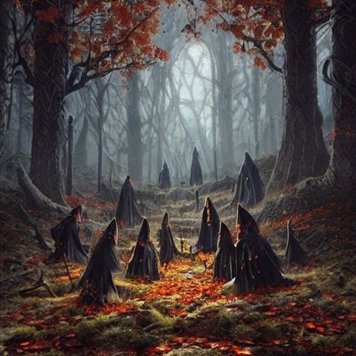 Sinister Witches Council in Autumnal Forest